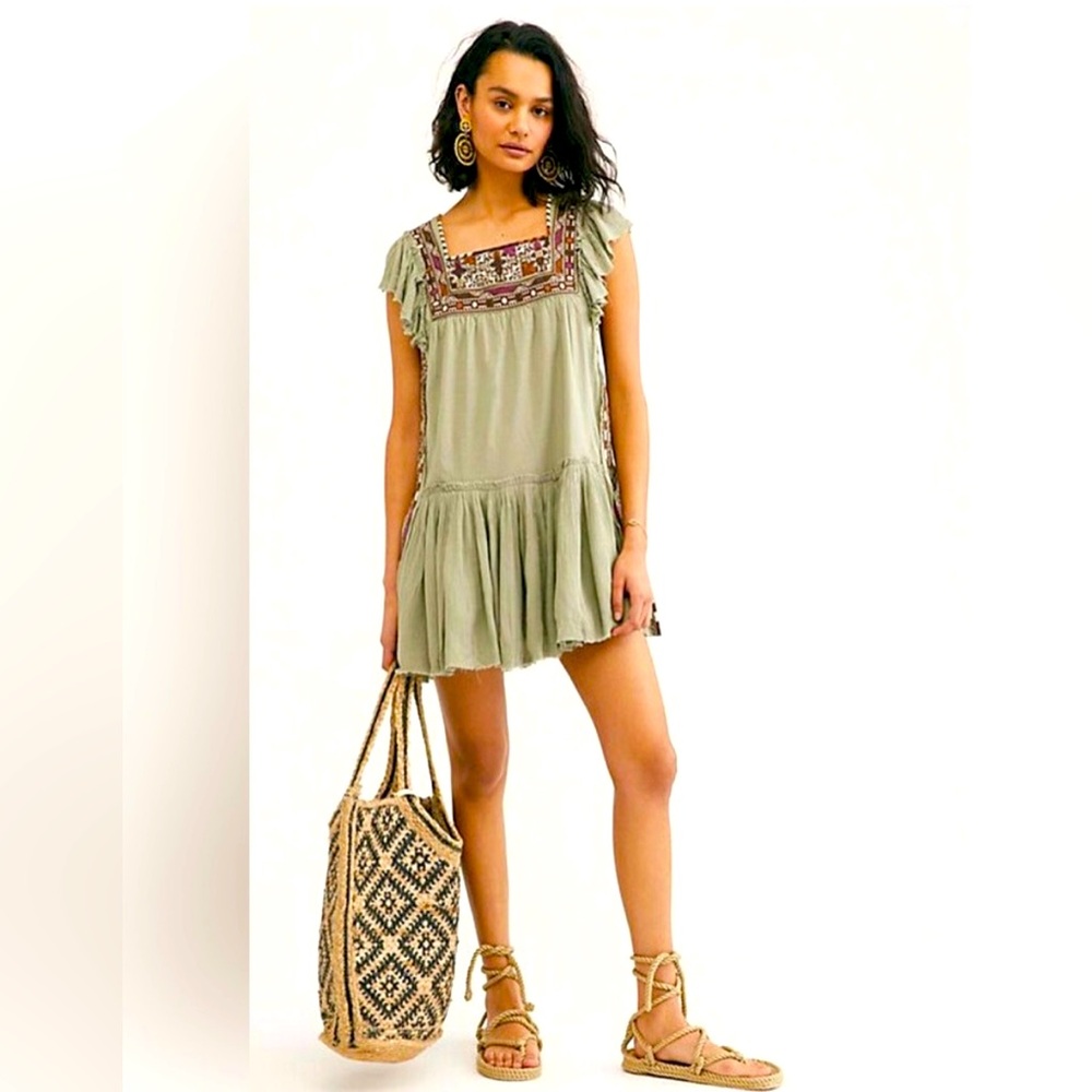 FREE PEOPLE Day Glow Mini Dress Spanish Moss Boho Hippie Festival Size XS